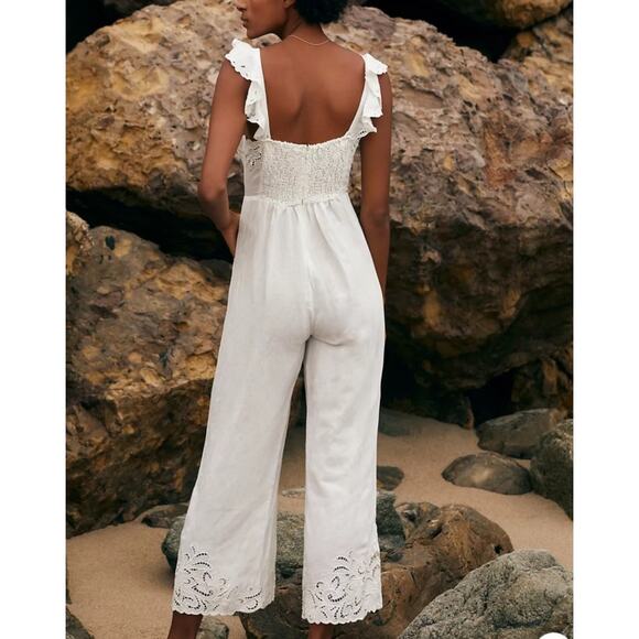 BY ANTHROPOLOGIE Jumpsuit SZ Extra Small NWT Linen Blend Ivory Eyelet Floral - Picture 2 of 16